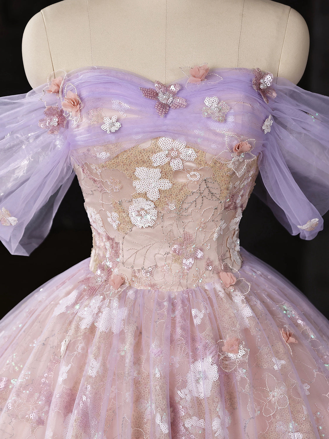 Sweetheart Off Shoulder Tulle Lace Purple Long Prom Dress