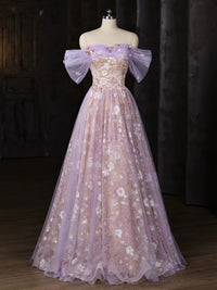 Sweetheart Off Shoulder Tulle Lace Purple Long Prom Dress