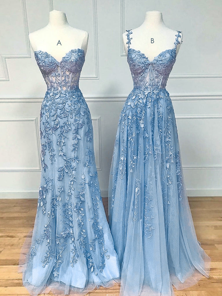 baby blue graduation dress Blue Sweetheart Neck Lace Long Prom Dresses, Blue A-line Lace Graduati – toptby