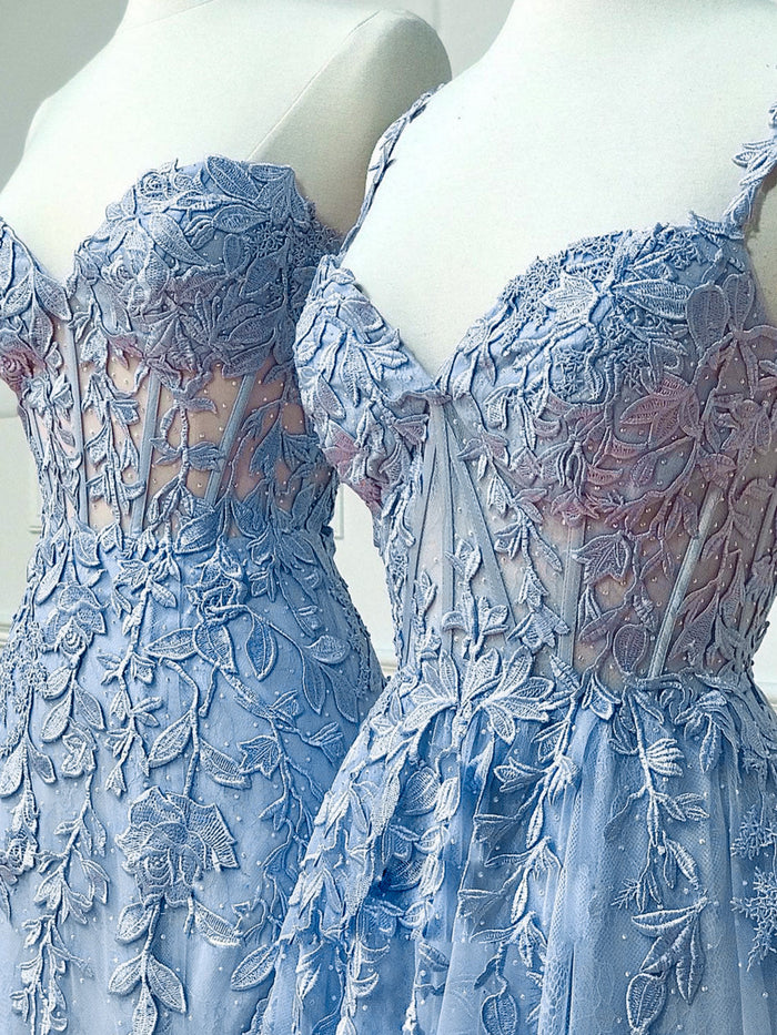 Blue Sweetheart Neck Lace Long Prom Dresses, Blue A-line Lace Graduation Dress