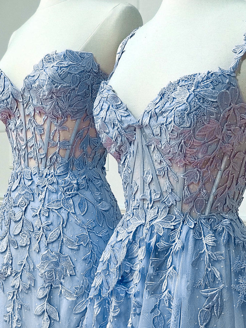 Blue Sweetheart Neck Lace Long Prom Dresses, Blue A-line Lace Graduation Dress