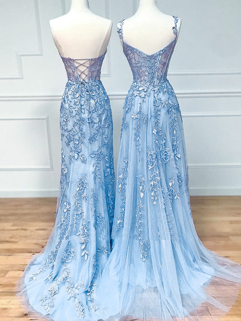 Blue Sweetheart Neck Lace Long Prom Dresses, Blue A-line Lace Graduati toptby Blue Sweetheart Neck Lace Long Prom Dresses, Blue A-line Lace Graduati toptby