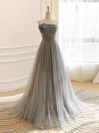 Gray Tulle Sequin Long Prom Dress, Gray Tulle Long Evening Dress