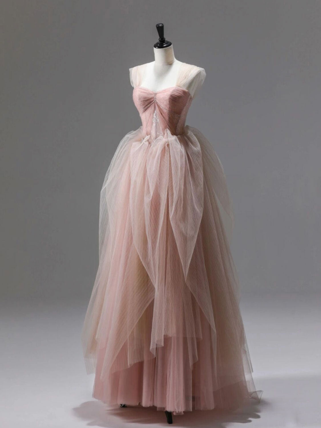A-Line Pink Tulle Lace Long Prom Dress, Pink Tulle Lace Formal Dress