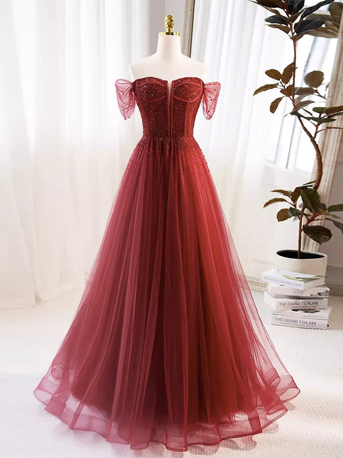 A-Line Burgundy Tulle Sequin Long Prom Dress, Burgundy Formal Dress