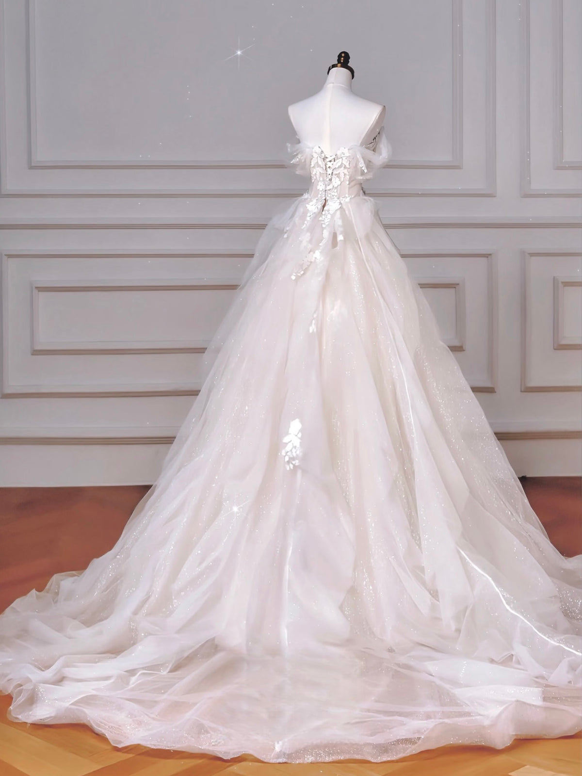 A-Line Off Shoulder Tulle Lace Light Champagne Long Prom Dress