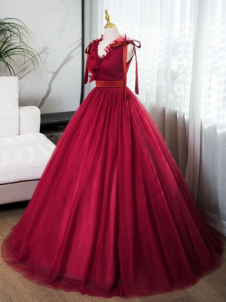 A-Line V Neck Tulle Burgundy Long Prom Dress, Burgundy Long Evening Dress