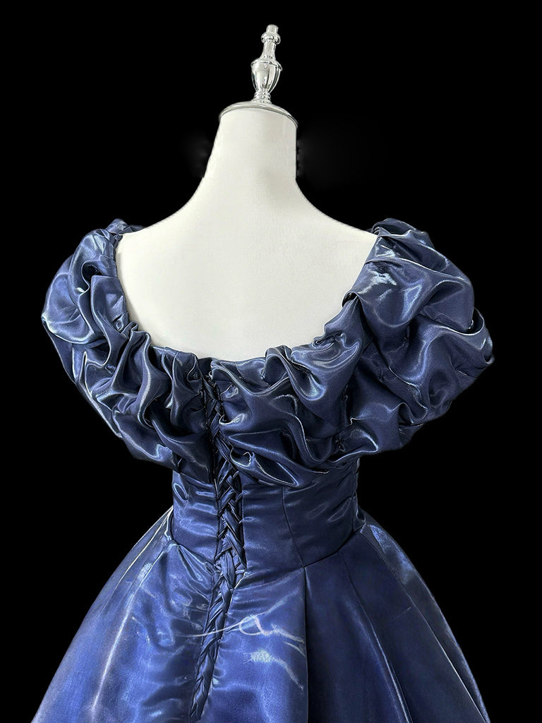 A-Line Off Shoulder Satin Dark Blue Long Prom Dress, Dark Blue Long Formal Dress