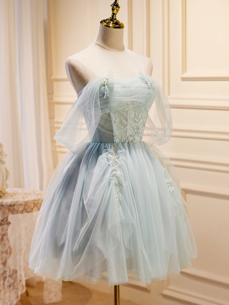 Puffy Tulle Off Shoulder Green Short Prom Dress, Green Cute Homecoming toptby Puffy Tulle Off Shoulder Green Short Prom Dress, Green Cute Homecoming toptby