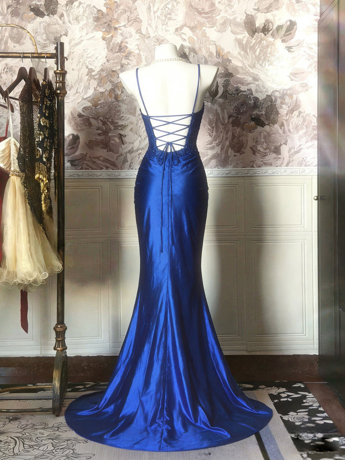 Mermaid V Neck Satin Lace Sequin Blue Long Prom Dress