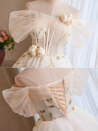 A-Line Off Shouder Tulle Lace Short Light Champagne Prom Dress, Cute Homecoming Dress