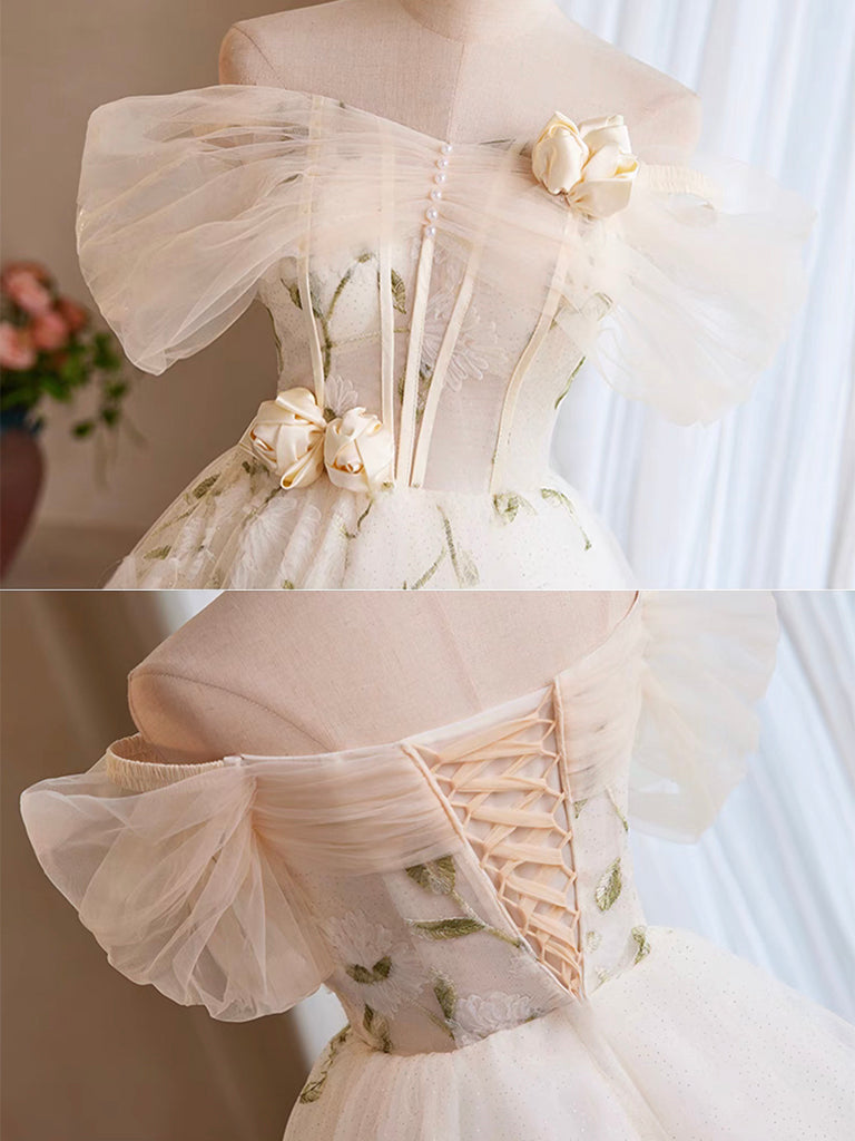 A-Line Off Shouder Tulle Lace Short Light Champagne Prom Dress, Cute Homecoming Dress