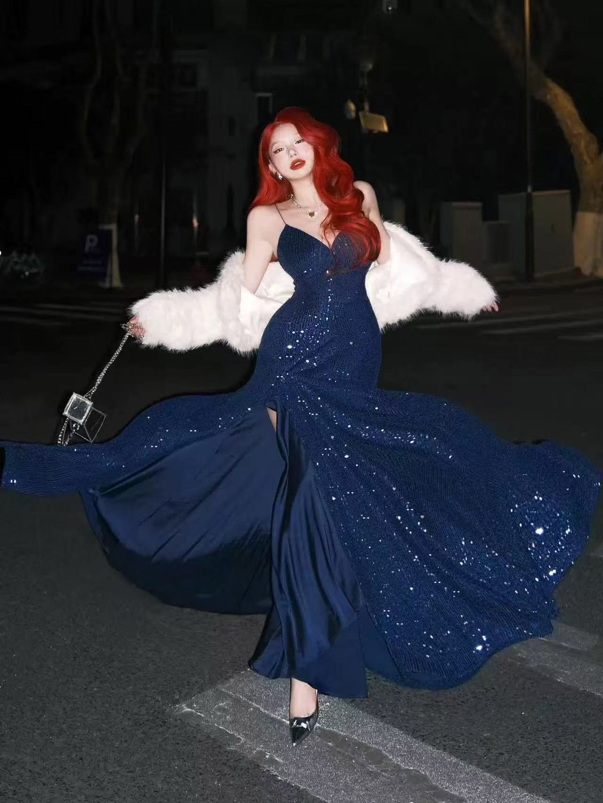 Mermaid V Neck Floor Length Sequin Dark Blue Prom Dress