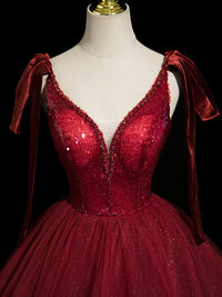A-Line V Neck Sequin Tulle Burgundy Long Prom Dress, Burgundy Long Formal Dress