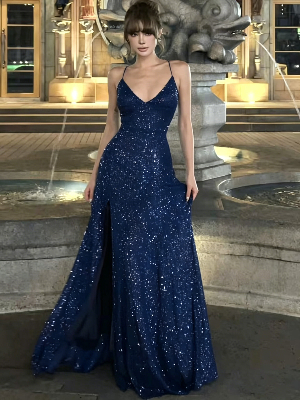 A-line V Neck Sequin Long Prom Dress, Sequin Party Dress