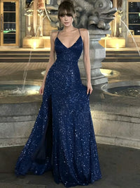 A-line V Neck Sequin Long Prom Dress, Sequin Party Dress