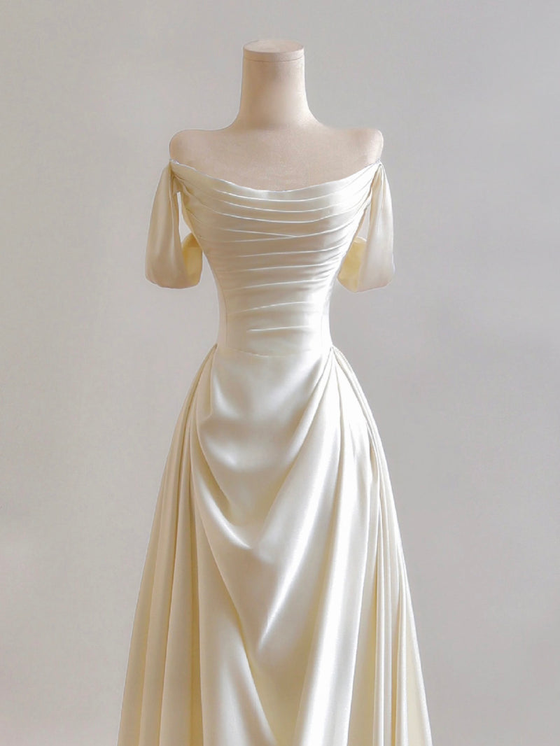 A-Line Satin Light Champagne Long Prom Dress, Off Shoulder Long Formal Dress