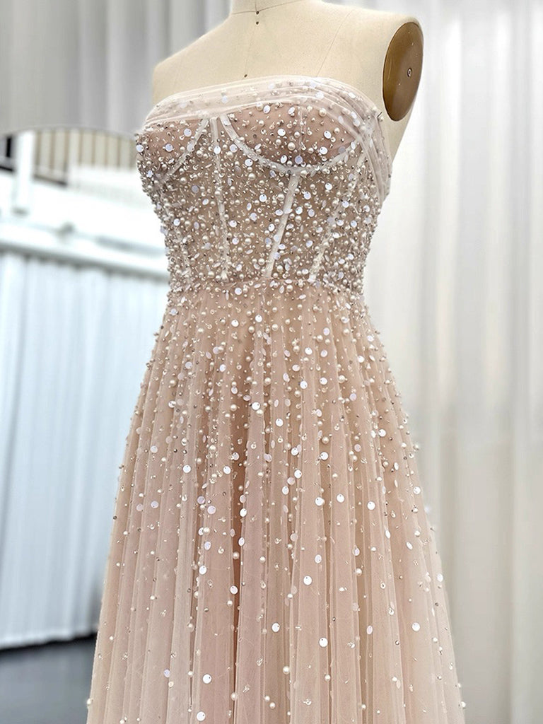 A-Line Tulle Beads Sequin Champagne Long Prom Dress, Champagne Formal Dress