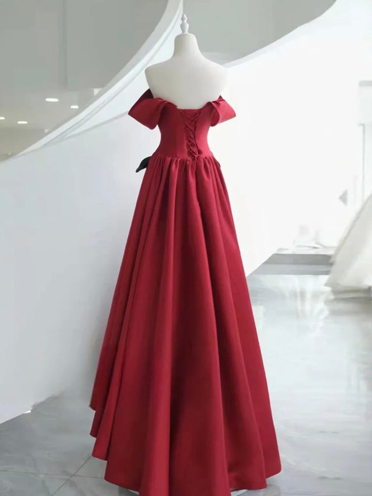 A-Line Off Shoulder Satin Burgundy Long Prom Dress, Burgundy Long Formal Dress