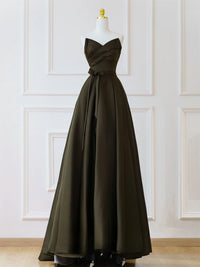 A-Line V Neck Satin Olive Green Long Prom Dress, Olive Green Long Formal Dress