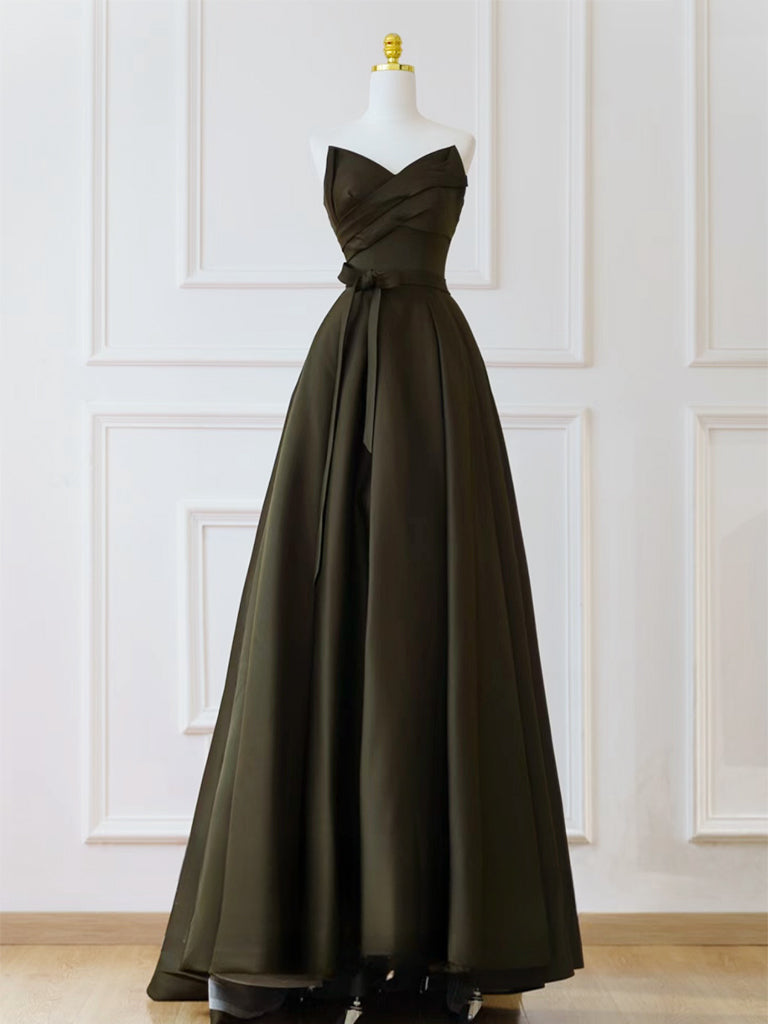 A-Line V Neck Satin Olive Green Long Prom Dress, Olive Green Long Formal Dress