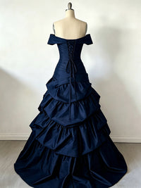 Dark Blue Sweetheart Off Shoulder Ruffles Long Prom Dress