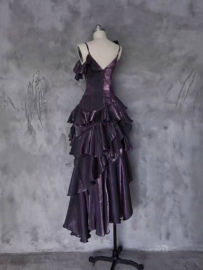 A-line Off Shoulder Silk Irregular Ruffles Purple Prom Dress