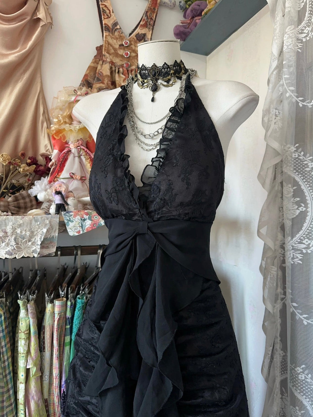 A-line V Neck Tulle Lace Black Long Prom Dress, Black Party Dress