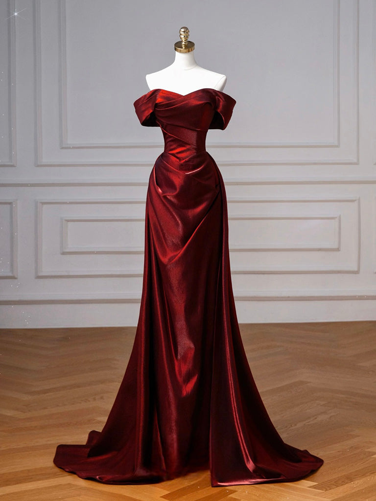 A-Line off Shoulder Satin. Burgundy Long Prom Dress, Burgundy Long Eve – toptby