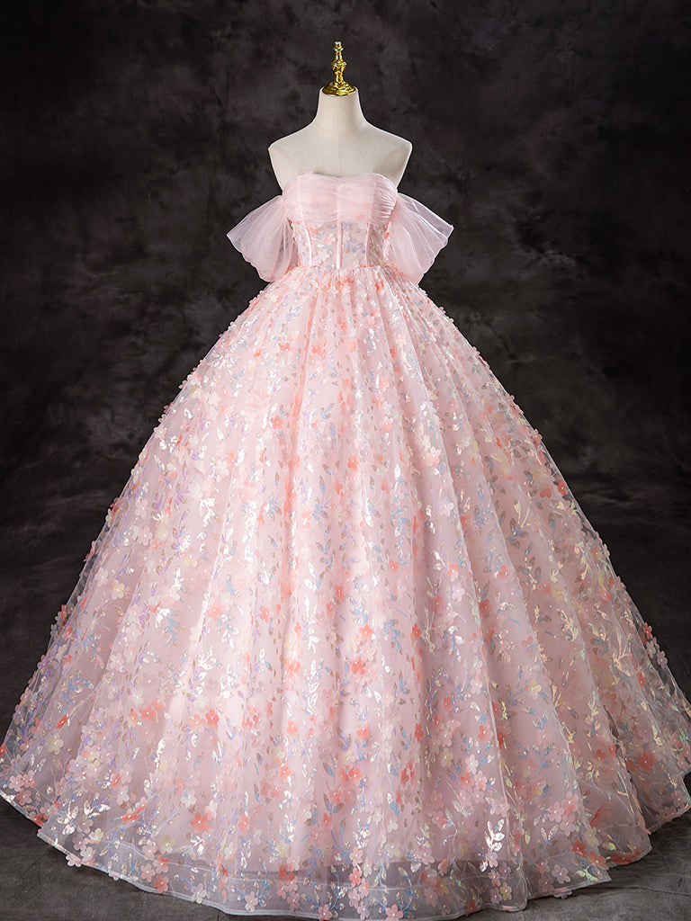 A-Line Off Shoulder Tulle Lace Pink Long Prom Dress, Pink Sweet 16 Dre toptby A-Line Off Shoulder Tulle Lace Pink Long Prom Dress, Pink Sweet 16 Dre toptby