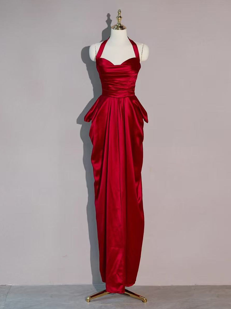 Simple Sweetheart Satin Burgundy Long Prom Dress, Burgundy Evening Dress