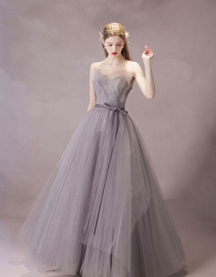 A-Line Tulle Lace Gray Purple Long Prom Dress, Gray Purple Formal Evening Dress
