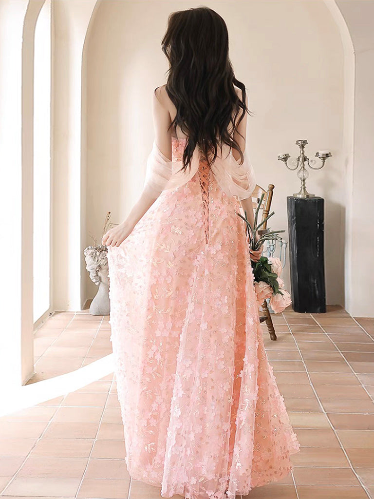 A-Line Off Shoulder Tulle Lace Pink Long Prom Dress, Pink Long Formal Dress