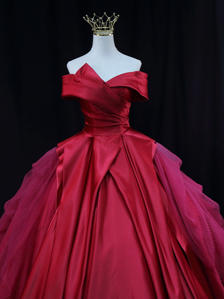 Red Off Shoulder Satin Tulle Long Prom Gown, Red Long Evening Gown