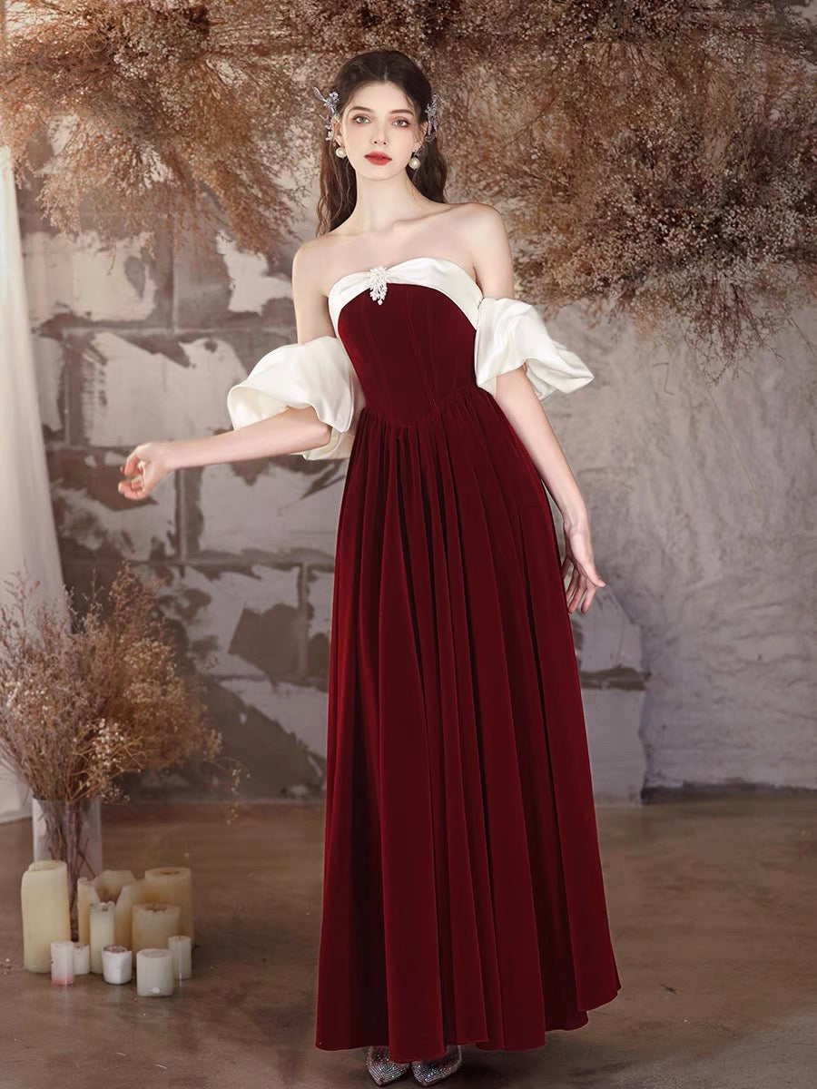 A-Line Velvet Burgundy Long Prom Dress, Burgundy Long Formal Dress