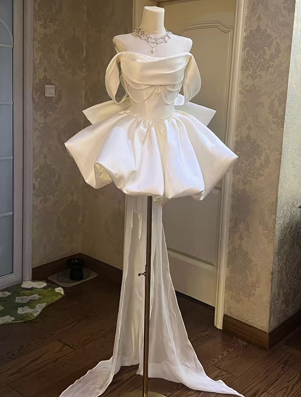 White Off Shoulder Satin Short Prom Dress, White Homecoming Dress with Beads