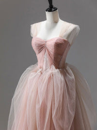 A-Line Pink Tulle Lace Long Prom Dress, Pink Tulle Lace Formal Dress