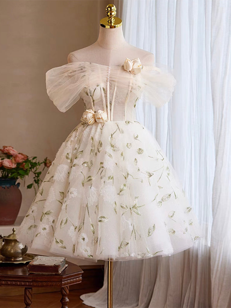A-Line Off Shouder Tulle Lace Short Light Champagne Prom Dress, Cute Homecoming Dress