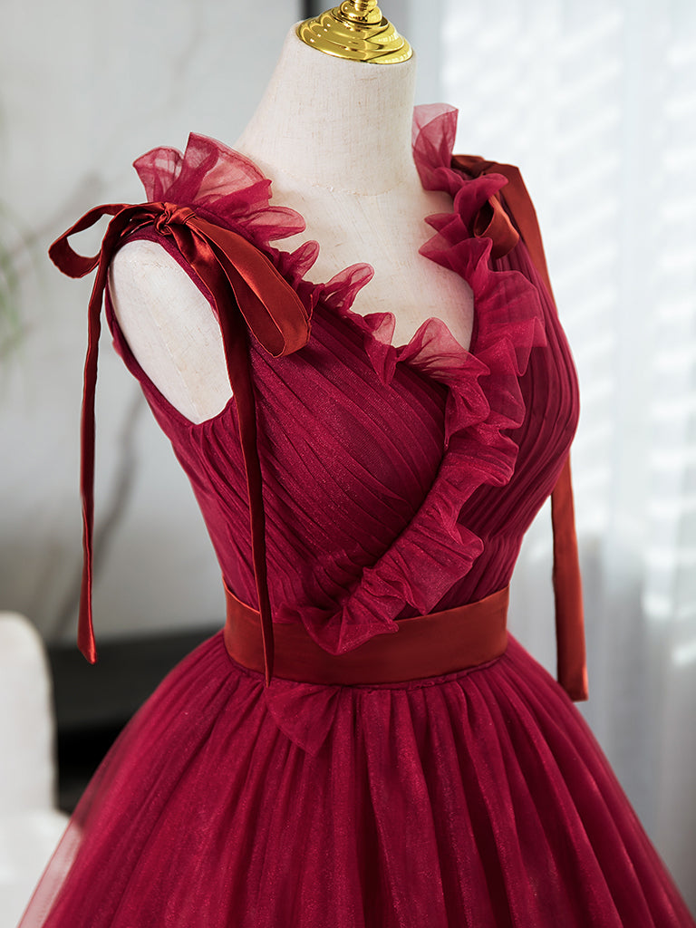 A-Line V Neck Tulle Burgundy Long Prom Dress, Burgundy Long Evening Dress