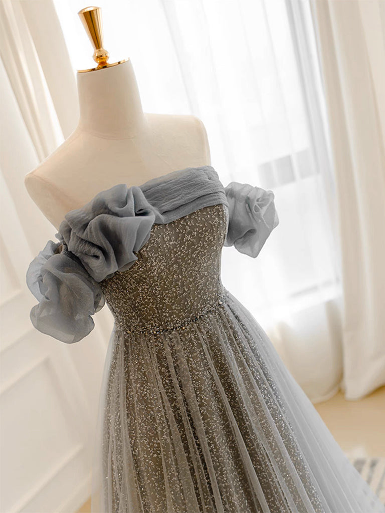 Gray Tulle Sequin Long Prom Dress, Gray Tulle Long Evening Dress