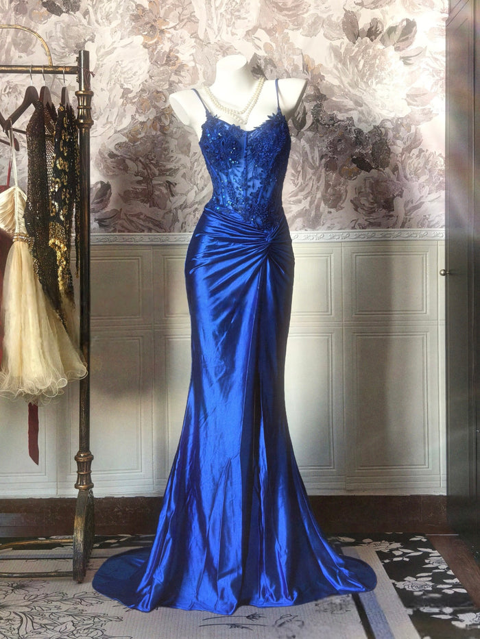 Mermaid V Neck Satin Lace Sequin Blue Long Prom Dress