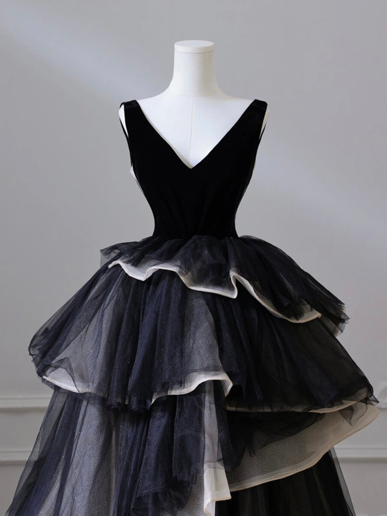 Black V Neck Tulle Long Prom Dress, Black Long Evening Dress