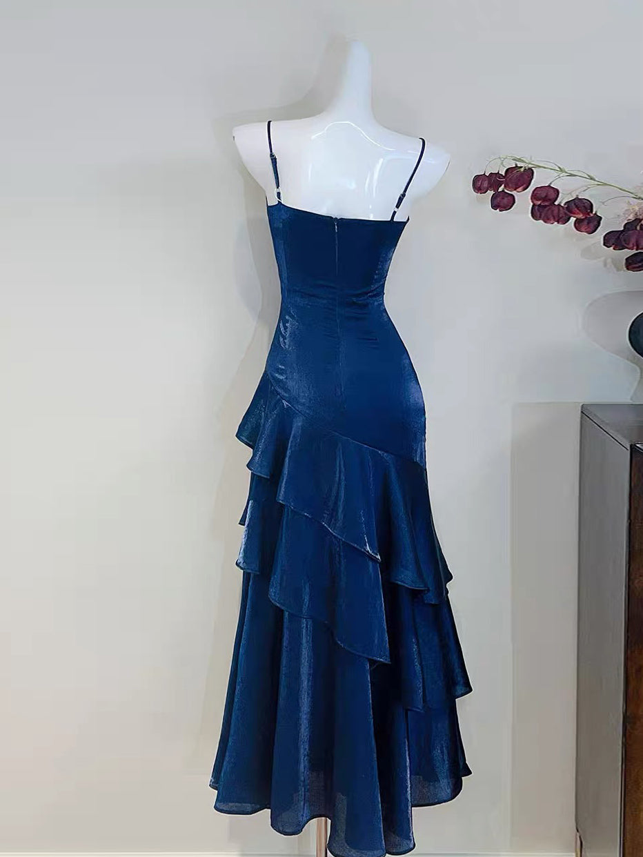 A-Line Satin Blue Long Prom Dress, Blue Long Evening Dress