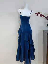 A-Line Satin Blue Long Prom Dress, Blue Long Evening Dress