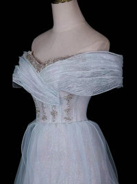 A-line Off Shoulder Tulle Sequin Light Blue Long Prom Dress with Beads