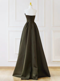 A-Line V Neck Satin Olive Green Long Prom Dress, Olive Green Long Formal Dress