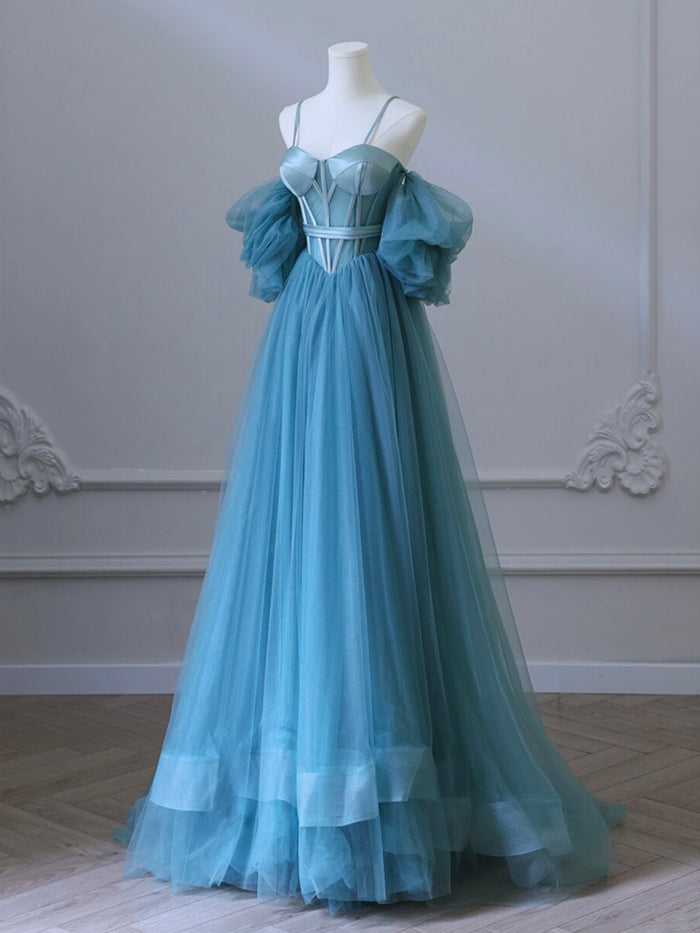 A-Line Sweetheart Neck Tulle Blue Long Prom Dress, Blue Long Formal Dress
