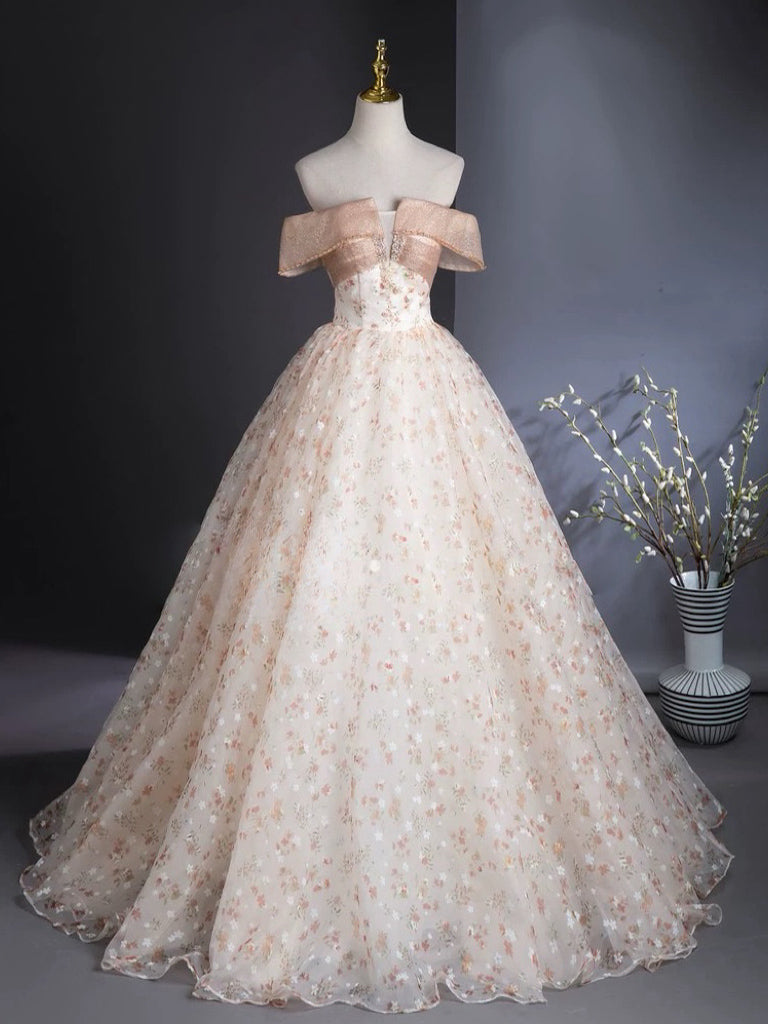A-Line Off Shoulder Tulle Lace Champagne Long Prom Dress, Champagne Fo – toptby