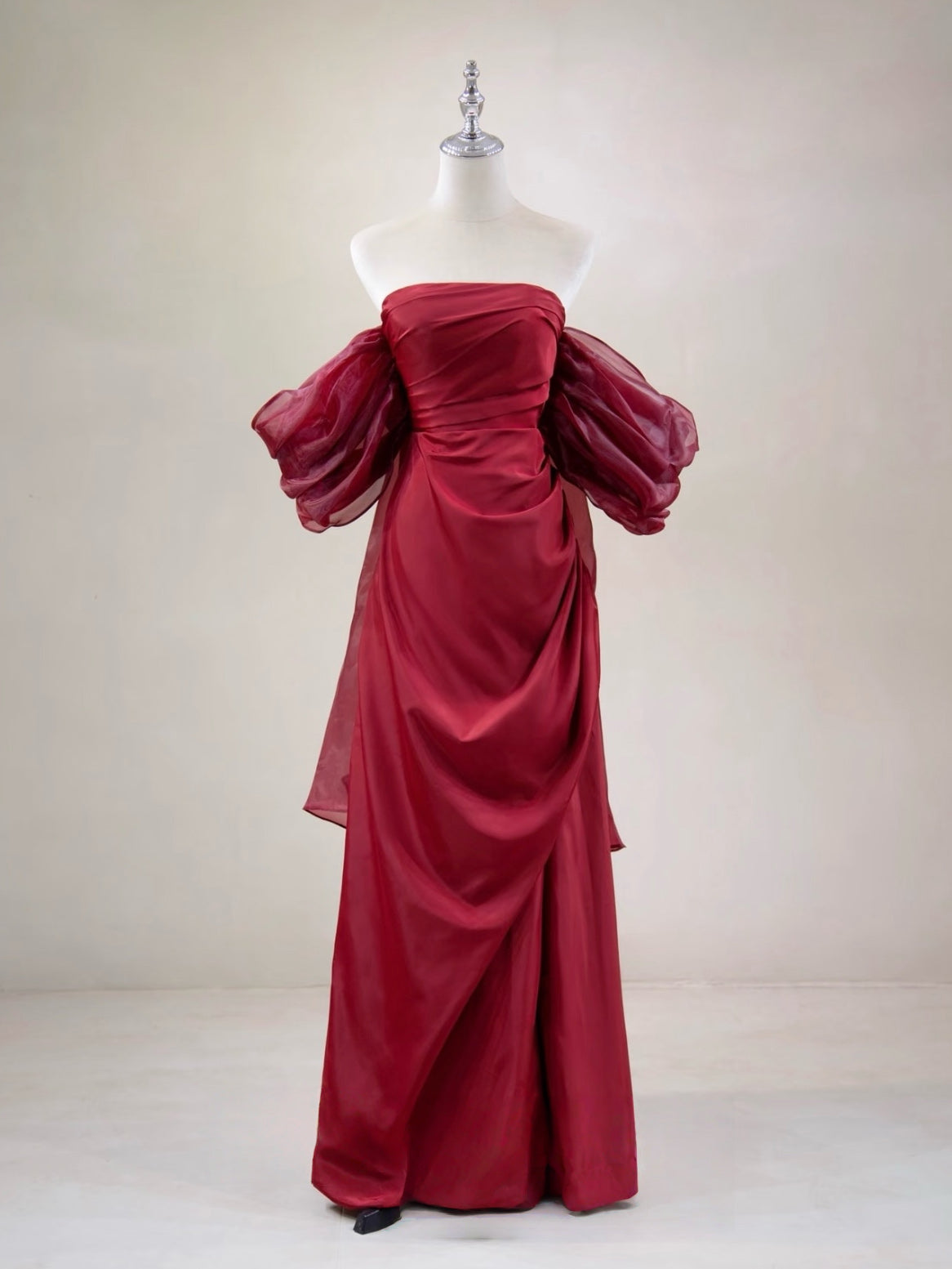 A-line Off Shoulder Satin Floor Length Burgundy Prom Dress