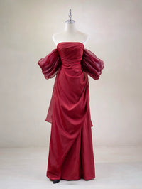 A-line Off Shoulder Satin Floor Length Burgundy Prom Dress